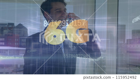 Image of 6g and numbers over happy caucasian businessman using smartphone 115952492