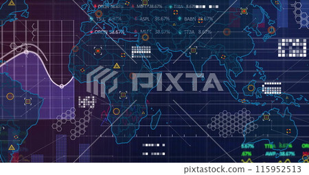 Image of financial data processing and world map on black background Image of financial data processing and world map on black background 115952513