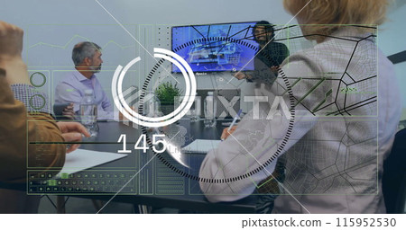 Image of financial data processing over diverse business people in office 115952530