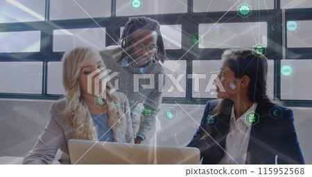 Image of network of connections with icons over diverse female and male coworkers in office Image of network of connections with icons over diverse female and male coworkers in office 115952568
