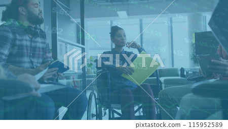 Image of financial data processing over diverse colleagues having meeting in office 115952589