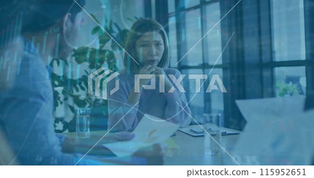 Image of financial data processing over diverse colleagues having meeting in office 115952651