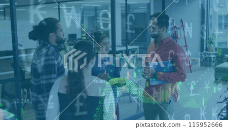 Image of financial data processing over diverse colleagues having meeting in office Image of financial data processing over diverse colleagues having meeting in office 115952666