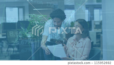 Image of financial data processing over diverse colleagues discussing work in office Image of financial data processing over diverse colleagues discussing work in office 115952692