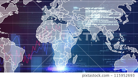 Image of financial data processing over world map on dark background 115952693