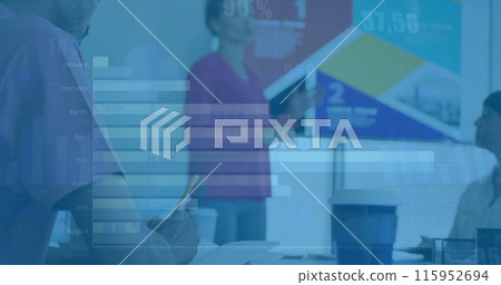 Image of financial data processing over diverse colleagues having meeting in office 115952694