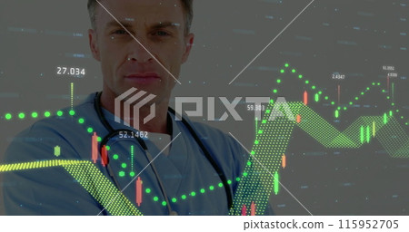 Image of financial data processing over caucasian male doctor Image of financial data processing over caucasian male doctor 115952705