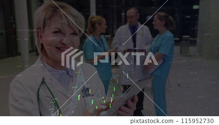 Image of data processing over caucasian female doctor 115952730