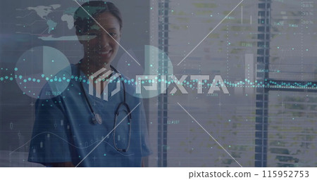 Image of data processing over biracial female doctor Image of data processing over biracial female doctor 115952753