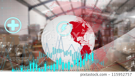 Image of financial data processing over globe and warehouse 115952757