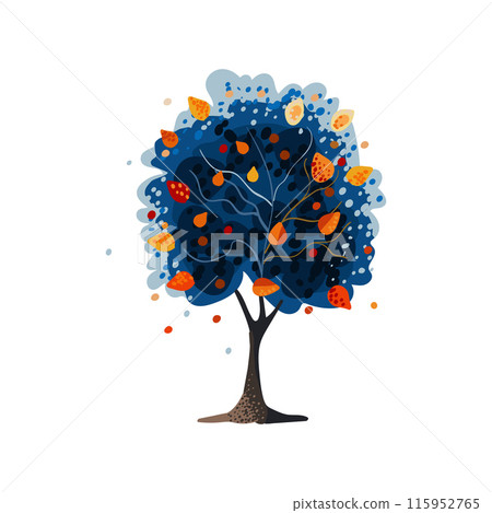 Blue tree with orange and yellow leaves. Autumn Hand drawn. Watercolor style. Flat vector illustration. 115952765