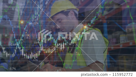 Image of data processing over warehouse worker using smartphone in shipping centre 115952772