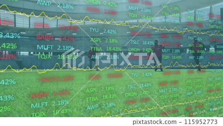 Image of statistics and data over two multi-ethnic rugby teams playing rugby, running and pushing di 115952773