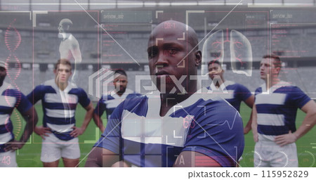 Image of human body data and statistics over multi-ethnic male rugby team standing on a pitch Image of human body data and statistics over multi-ethnic male rugby team standing on a pitch 115952829
