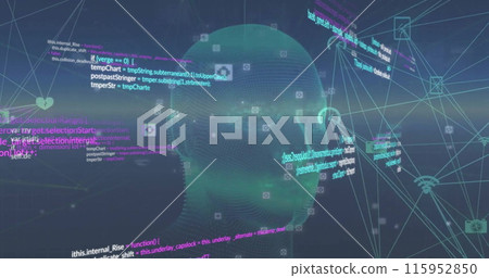 Image of data processing and network of connections over digital human head on black background Image of data processing and network of connections over digital human head on black background 115952850