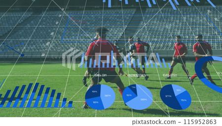 Image of graphs, data and statistics over two multi-ethnic rugby teams playing rugby, running and pu 115952863
