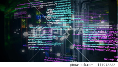 Image of data processing and light spots over server room on black background 115952882