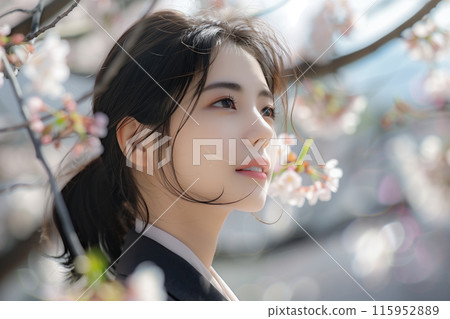 Portrait of a young business Asian woman in a suit with cherry blossoms Portrait of a young business Asian woman in a suit with cherry blossoms 115952889