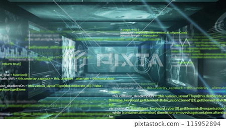 Image of data processing and network of connections on black background Image of data processing and network of connections on black background 115952894