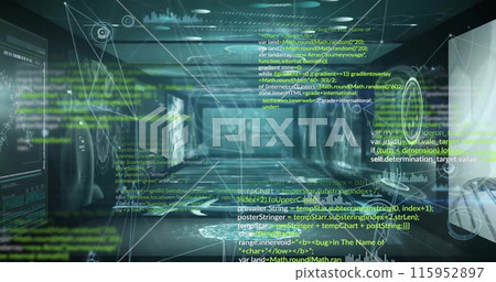 Image of data processing and network of connections on black background 115952897