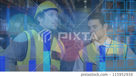 Image of data processing over two men talking, working in warehouse shipping centre Image of data processing over two men talking, working in warehouse shipping centre 115952938