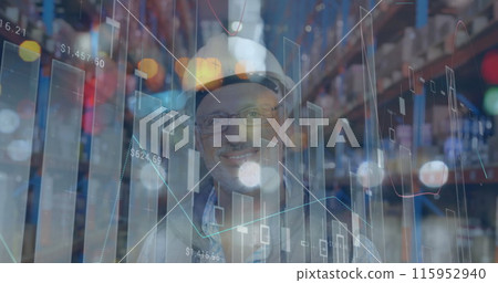 Image of data processing over smiling man working in warehouse shipping centre Image of data processing over smiling man working in warehouse shipping centre 115952940