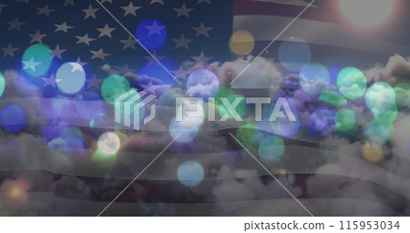Image of glowing spots over sky with clouds and american flag Image of glowing spots over sky with clouds and american flag 115953034