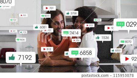 Image of media icons over diverse couple 115953078