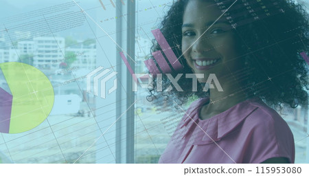 Image of financial data and graphs over happy african american businesswoman in office 115953080