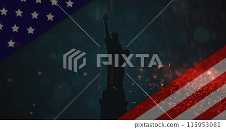Image of american flag revealing statue of liberty and tiny glowing particles falling 115953081