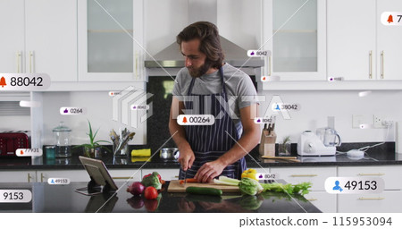 Image of media icons over caucasian man cooking 115953094