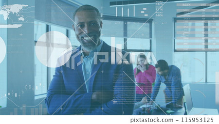 Image of financial data and graphs over happy african american businessman in office Image of financial data and graphs over happy african american businessman in office 115953125