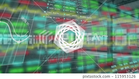 Image of hexagon spinning and financial data processing over empty industrial interiors 115953126