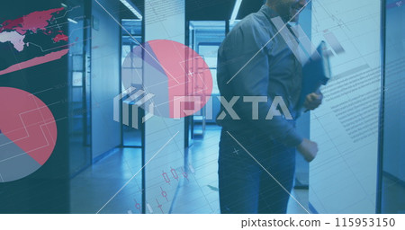 Image of financial data and graphs over successful caucasian businessman in office Image of financial data and graphs over successful caucasian businessman in office 115953150