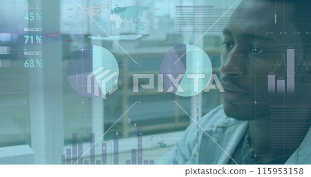 Image of financial data and graphs over african american businessman using computer in office 115953158
