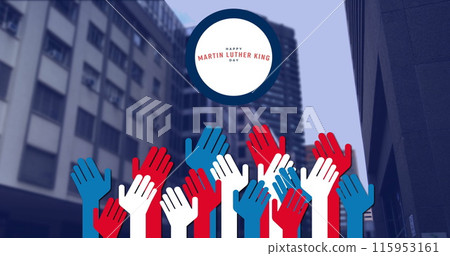 Composite image of martin luther king day text banner with hands icon against tall buildings 115953161