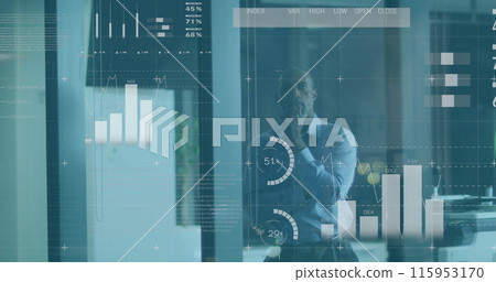 Image of financial data and graphs over thoughtful african american businessman in office 115953170