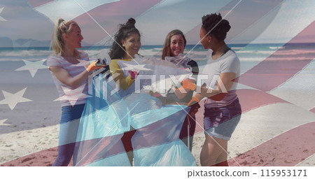 Composite image of american flag against group of diverse female volunteers cleaning the beach 115953171