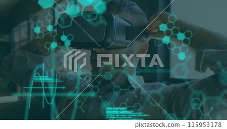 Image of chemical compounds and medical data processing over man wearing vr headset 115953178