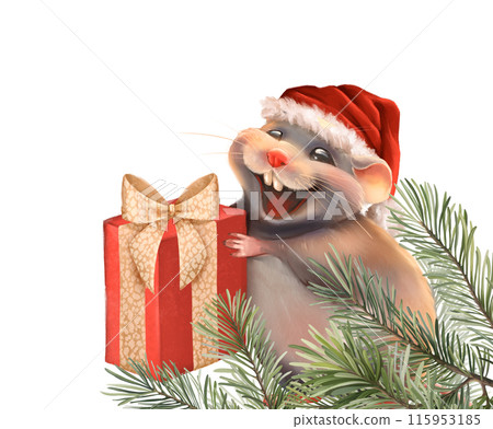 Mouse with present. Hand drawn Christmas illustration Mouse with present. Hand drawn Christmas illustration 115953185