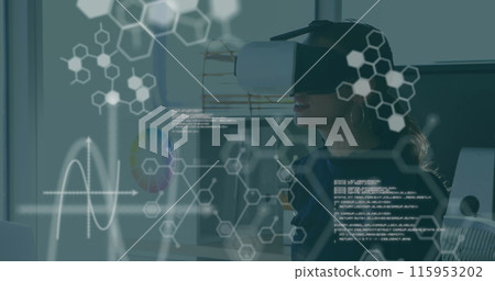 Image of chemical compounds and medical data processing over woman wearing vr headset Image of chemical compounds and medical data processing over woman wearing vr headset 115953202