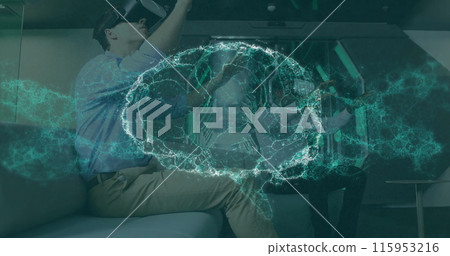 Image of human brain and network of connections over woman wearing vr headset 115953216