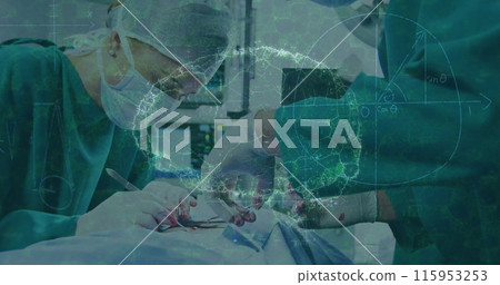 Image of human brain and data processing over female caucasian surgeon with face mask 115953253