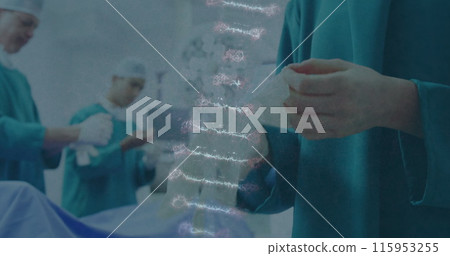 Image of dna strand over female diverse surgeon putting gloves on 115953255