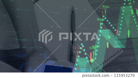 Image of financial data processing over hand holding smartphone Image of financial data processing over hand holding smartphone 115953270