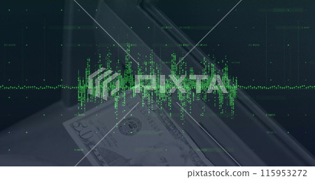 Image of financial data processing over banknote on desk Image of financial data processing over banknote on desk 115953272