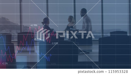 Image of financial data processing over diverse business people talking Image of financial data processing over diverse business people talking 115953328