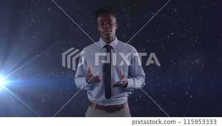 Image of african american businessman talking over space and light spots 115953333
