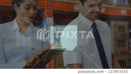 Image of financial graphs over diverse female and male warehouse workers making notes 115953335