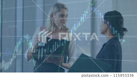 Image of financial data processing over diverse business people talking 115953336